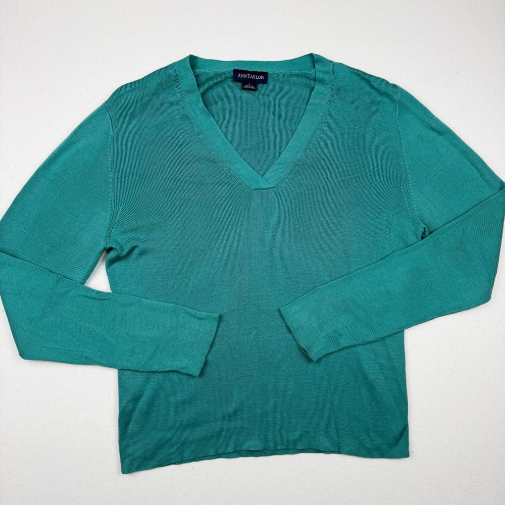 Ann Taylor Womens 100% Silk V-Neck Sweater Teal Green Ribbed Knit Large